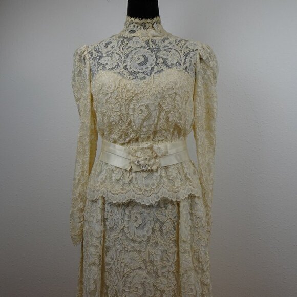 VTG 80s 90s Wedding Dress Ivory Lace Custom Made Size S Party Prom with Jacket - Picture 2 of 16